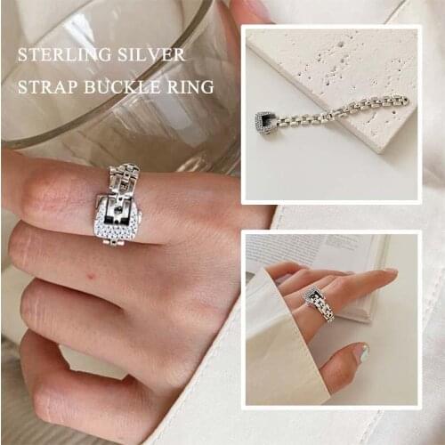 Sterling Silver Strap Buckle Ring Christmas Gift Soft Chain Ring Exaggerate Design Silver Soft Chain Crystal Strap Open Rings