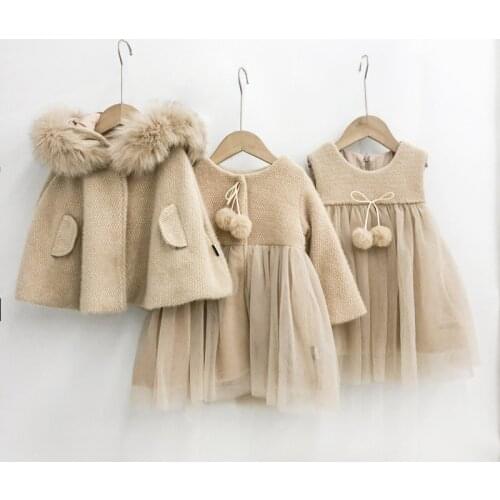 Winter Toddler Girl Clothes Set Net Yarn Splicing Vest Dress Thick Coat Hooded Cloak 3pcs Set for Girl Kids Fashion Pricess Suit