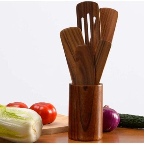 ABZS 6 Pcs Wooden Spurtles Set Natural Teak Kitchen Utensils Set Kitchen Tools Nonstick Cooking Set for Stirring Serving