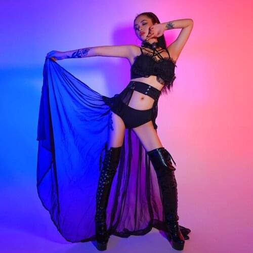 New Bar Women Dj Costume Pole Dance Clothing Black Bikini Lace Bra Tail Skirt Singer Stage Wear Nightclub Party Outfit BL5423
