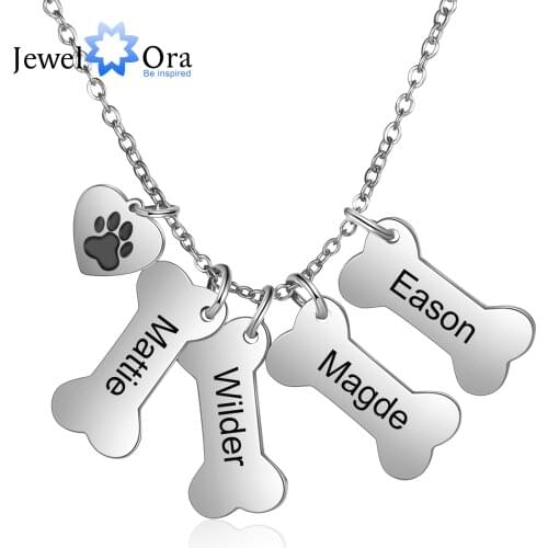 JewelOra Personalized Dog Bone Necklace with Pet Paw Customized Engraving Name Pendant Memorial Jewelry Gifts