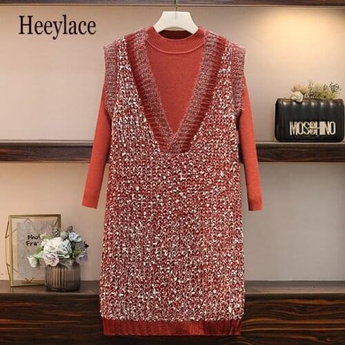 Plus Size Women Korean 2 Pieces Set Autumn Winter Warm Knitted Long Sleeve Sweater and Bright Silk Mini Dress Suit Dress Set