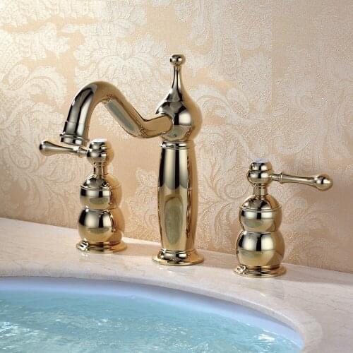 Luxury gold all brass Waterfall Widespread Bathroom Sink Faucet Basin Vanity Mixer Tap