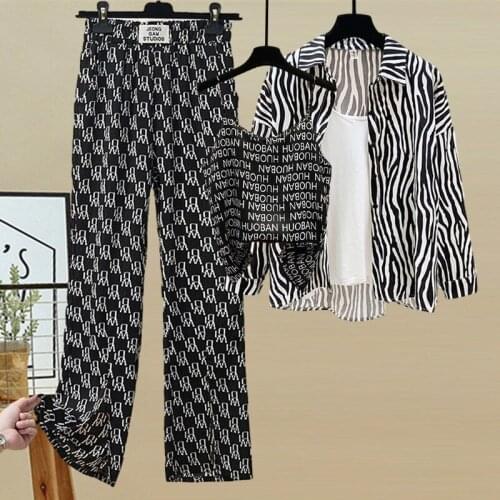 Plus Size Womens 2021 New Summer Zebra Shirt + Inner Strap + High Waist Casual Pants Three-piece Suit