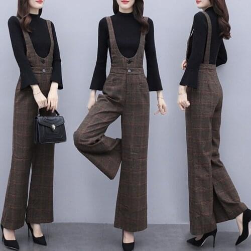 2021 Autumn Winter high-end temperament Woolen weaving sling jumpsuit women sweater+wide-leg suspender trousers 2 piece suit