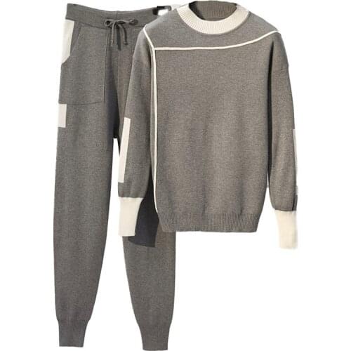 Aonibeier Spring Women Tracksuit Set 2021 Plus Size Knit Jumper + Drawstring Elastic Pants Two Piece Sets Oversize Sweater Suit