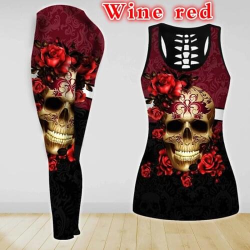 Women 2pcs Clothes Womens Hollow Vest+Leggings 2021 Summer Sports Casual Set New Skull Flower Printing Two-Piece Clothing Suit