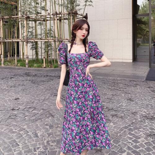 Women summer French purple floral dress Romantic midi dress