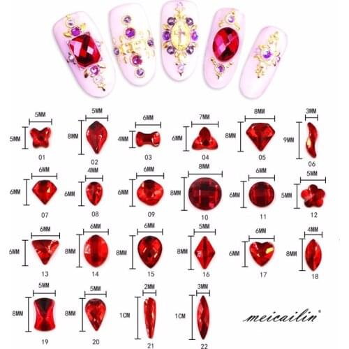 Meicailin Fancy 10Pcs Fashion 3D Nail Art AB Red Differents Shaped Diamond Crystal Flat Back Rhinestones Decoration Glitter Nail