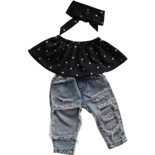 Infant Baby Girls Clothes Sets Dot Sleeveless Tops Vest Hole Denim Pants Headband 3pcs Clothing Set Baby Girl