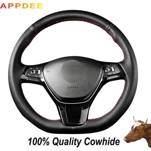 APPDEE Black Genuine Leather Car Steering Wheel Cover for Volkswagen Golf 7 GTI Golf R MK7 VW Polo GTI Scirocco 2015 2016