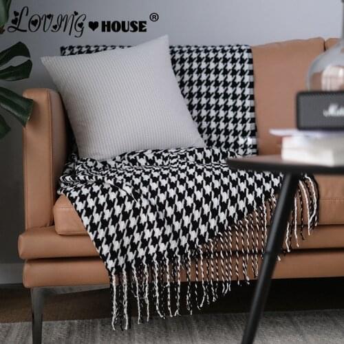Nordic classic Knitted Blanket houndstoot ins black and white Weaving Blanket Mat sofa blankets Decor Warm Home Decor bed