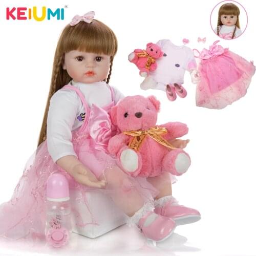 KEIUMI 24 Inch New Arrival Lovely Pigtail Princess Baby Reborn Girl Doll Soft Silicone Cloth Body Realistic Reborn Dolls Babies