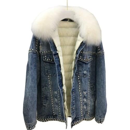 New rivet short down jacket womens detachable liner fox fur collar white duck down fashion denim jacket 90 velvet two piece set