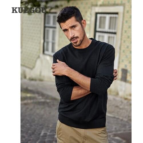 KUEGOU Pure color Man knitted sweater fashion pullovers men clothing Off white Mens warm sweaters Autumn top plus size 12301