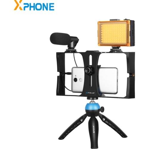 4 in 1 Vlogging Live Broadcast LED Selfie Light Cell Phone Video Rig Kits with Microphone Tripod Mount Cold Shoe Tripod Head