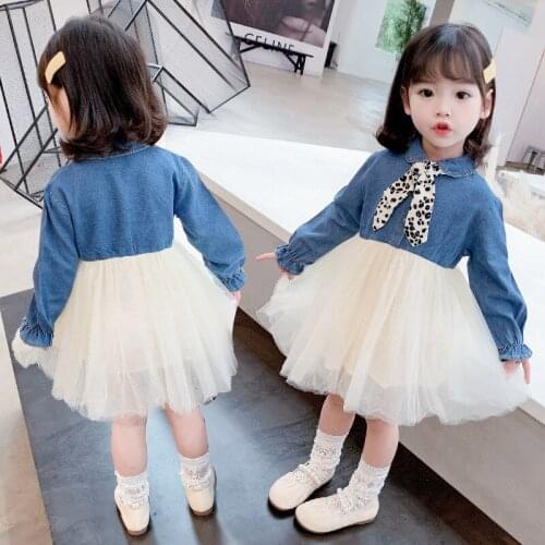New 2021 Cute Girls Dress Autumn dresses Splicing Bow Children Lace blue and white 4-12year