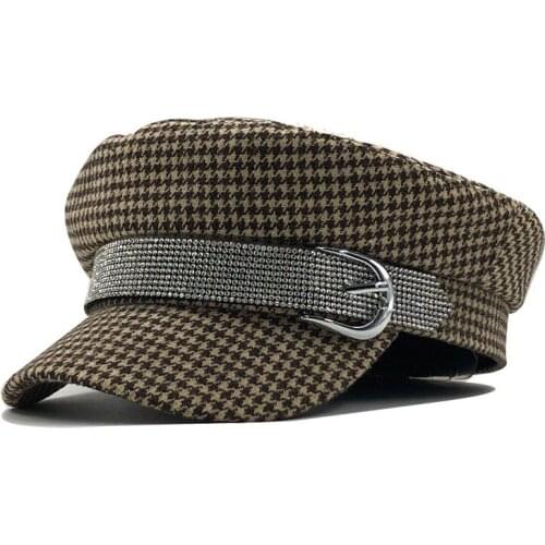 New Women Black Military Hats Autumn Winter Fashion Wool Pearl Leather Patchwork Newsboy Caps With Belt Female Gorras