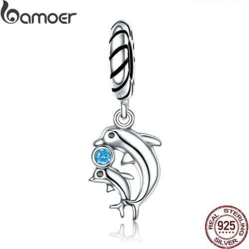 BAMOER Authentic 100% 925 Sterling Silver Dolphins Story with Clear CZ Charms fit Bracelet & Necklaces Women Jewelry SCC264