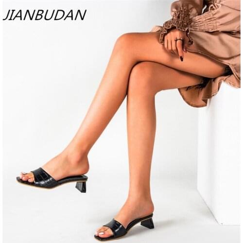 JIANBUDAN New Slides women pu leather high heel slippers Fashionable Womens Open Toe Sandals Size plus Outdoor slippers 36-43