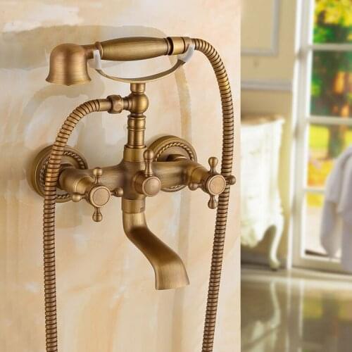 Antique brass dual handle bathroom wall mounted shower faucet set, European telephone style shower set mixer solid water tap