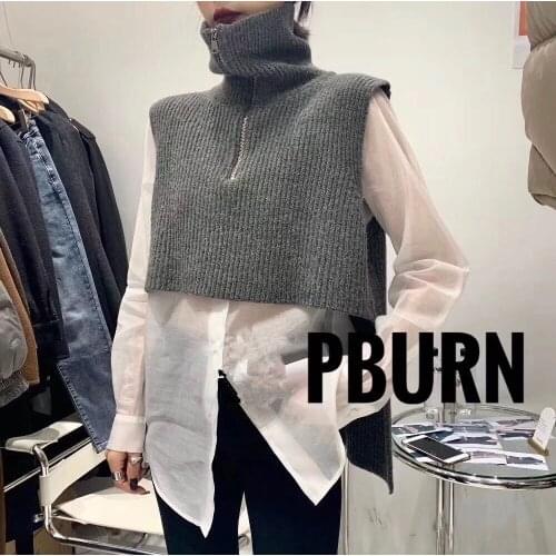 Cool Turtleneck Zipper Knitted Vest Thin perspective shirt Two piece suit New Girls Pullover Winter short Knitted Women Sweater