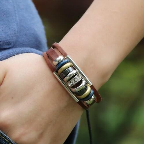 Vintage Multiple Layer Beaded Bracelet Adjustable Genuine Leather Bracelets For Women Beads Jewelry Accessories Female Wristband