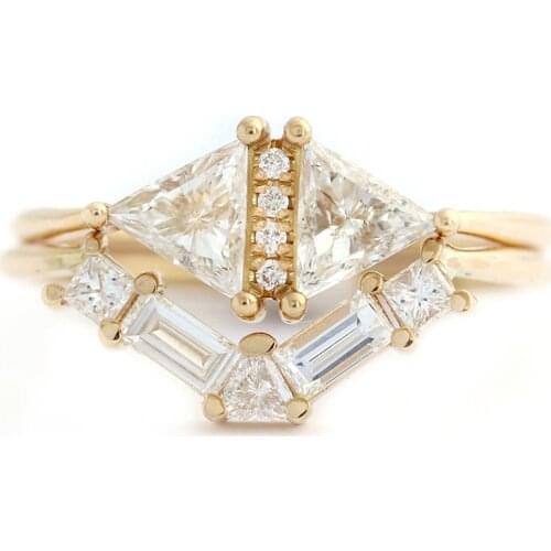 Solid 14K Yellow Gold Trillion Princess Emerald Moissanite Engagement Total 1.2ctw lab Diamond Solitaire Wedding Set for Women