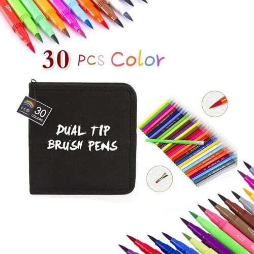 30PCS Colors Pens with Oxford Bag Fineliner and Brush Dual Tip Pens Stationery Art Market Brush Pens for Drawing Manga Supplies