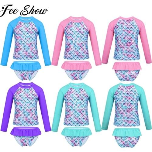 Kids Girls Tankini Long Sleeve Mermaid Fish Scale Printed Rashguard Beach Swimwear Children Tops Bottom Bathing Suit Set
