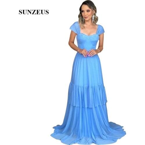 Appliques Sweetheart Cap Sleeves Long Bridesmaid Dress 2020 A-line Blue Chiffon Wedding Guest Dress robe de demoiselle d'honneur