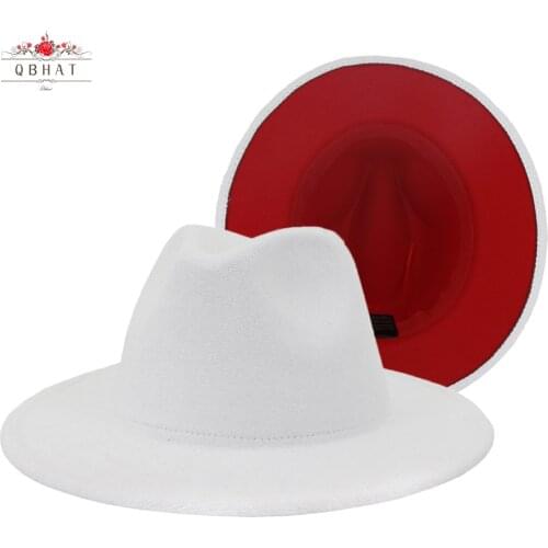 White Red Double-Sided Color Matching Felt Hat Men Women Flat Brim Panama Fedora Hats Western Cowboy Faux Woolen Hat Belt Buckle