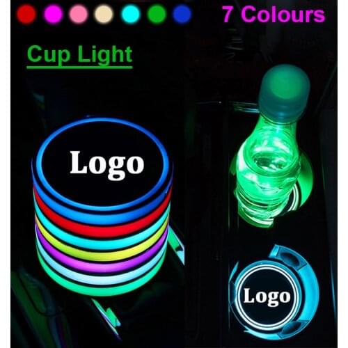 2PCS Car Logo LED Colorful Water Cup Mat Lights Seat Trim Accessories For Citroen Peugeot Infiniti Skoda Toyota Decoration Lamp