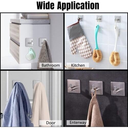 Stainless Steel Adhesive Hooks Heavy Duty Self Adhesive Stick-On Wall Hook Waterproof Widely Use In Kitchen Living Room