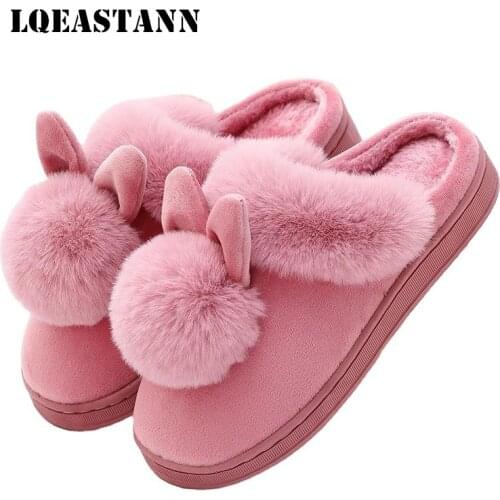 Cartoon Ladies Home Slippers Rabbit Ears Non-Slip Soft Bottom Winter Warm Shoes Indoor And Outdoor Fur Shoes Zapatillas De Mujer