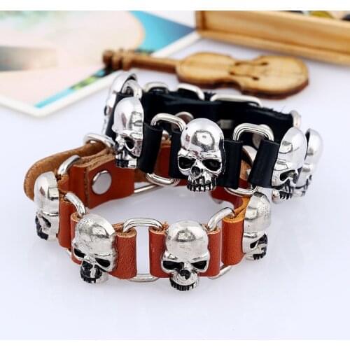 Gothic Biker Mens Chain Boys Pirate Skull Link Alloy Bracelet Adjustable Size Wholesale Silver Plated Leather Fashion Jewelry