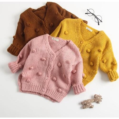 Autumn Winter Toddler Baby Girl Sweater Warm Soft Knitting Solid 3D Ball V-Neck Cardigan Jacket Children Clothing for 1-3Years