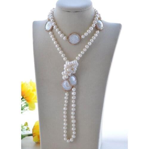 P7564 46" 23mm White CZ coin & Round Pearl Necklace Choker