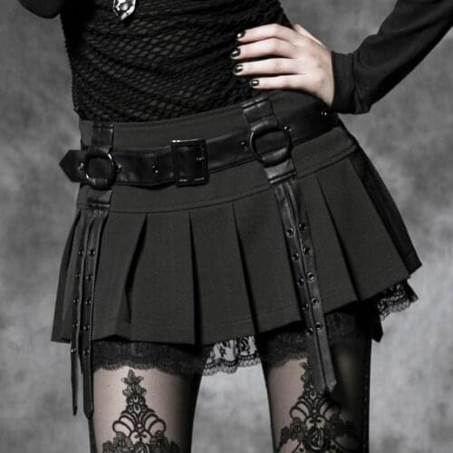 PUNK RAVE Womens Punk Lolita Sexy Green Black Lace Pleated Short Skirt Young Girl Party Club Mini Skirts with PU Belt