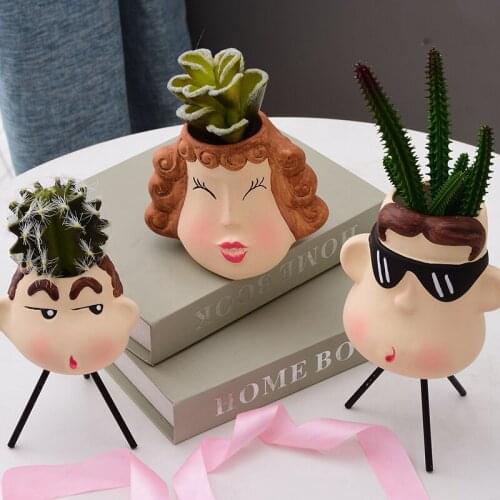 Pastoral Cartoon Portrait Animal Ceramic Flower Pot Decoration Art Home Livingroom Table Succulent Plant Vases Figurines Crafts