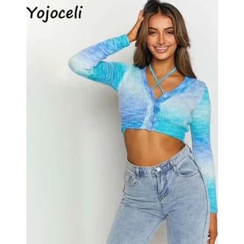 Yojoceli Sexy colorful knitted women cardigan Autumn short cool sweater female cardigan Fitness button knitting outerwear
