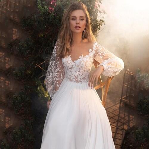 SoDigne Boho Wedding Dresses 2021 A-Line V-Neck Puff Full Sleeves 3D Flower Appliques Tulle Bridal Gown