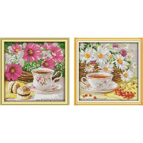 Afternoon Tea Coffee Flowers Daisy Painting Counted Printed On Canvas DMC 11CT 14CT Kits Cross Stitch Embroidery Needlework Sets