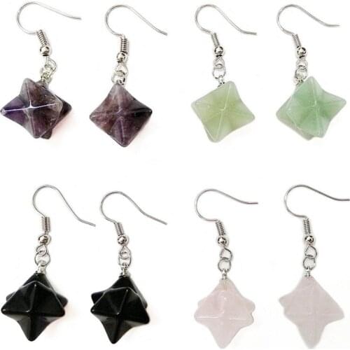 Carved Merkaba Star Quartz Crystal Stone Sacred Geometry Natural Geometric Stone Earrings Silver Plated Hook 1 Pair