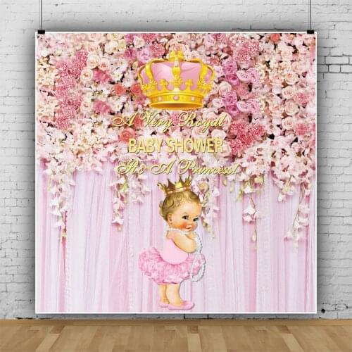Pink Flowers Curtain Baby Shower Princess Backdrop Photography Newborn Baby Shower Crown Girl 1st Birthday Photo Backgrounds