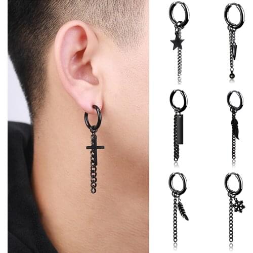 Rinhoo 1PC Punk Cross Stars Pendant Black Stainless Titanium Steel Stud Earrings Women Men Gothic Street Pop Hip Hop Ear Jewelry