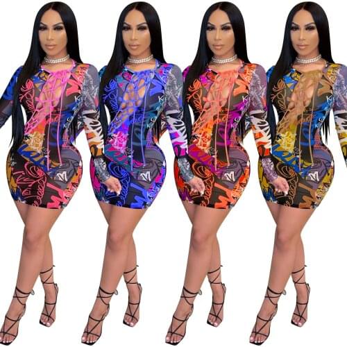 Cutubly Print Sexy Bodycon Dress Fashion Mesh See-Through Mini Dress Long Sleeve Lady Lace Up Club Party Dresses For Women