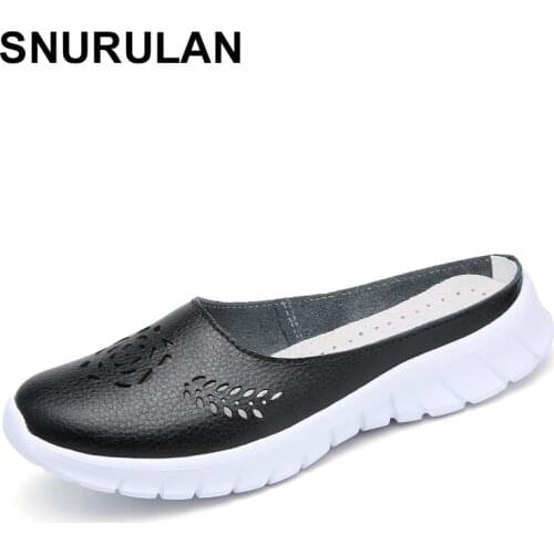 SNURULANWomen Summer Sandals Half Shoes Flowery Style Slippers Flat Shoes Women Split Leather Slides Outdoor Comfort Shoes Large