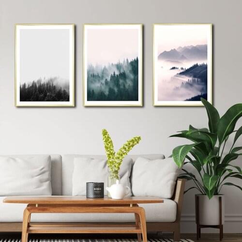 Fog Forest Art Print Rock Mountains Poster Sunrise Canvas Painting Landscape Wall Art Pictures For Living Room Modern Decor