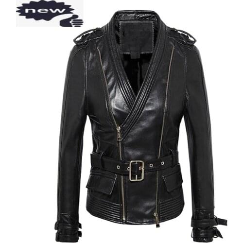 Spring Women Sheepskin Genuine Buckle Belted Slim Fit Punk Ladies V Neck Leather Coat Plus Size Moto Biker Jacket